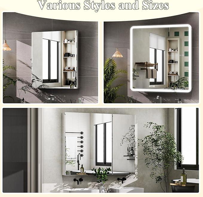LED Bathroom Medicine Cabinet with Mirror, 24 Inch x 32 Inch Bathroom Mirror Cabinet with Door & Adjustable Shelves, Surface Mount or Recess Installation - ModernBath