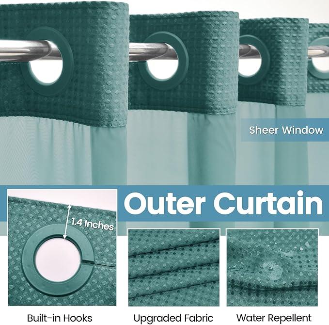 EUTXL Seaweed Green Long No Hook Shower Curtain with Snap in Liner,230GSM Waffle Weave Shower Curtains for Bathroom,71W x 86H - ModernBath
