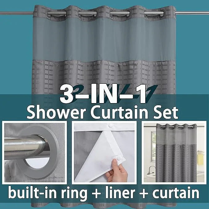 Conbo Mio No Hook Shower Curtain with Snap in Liner Set, Hotel Luxury Grey Shower Curtains for Bathroom with See Through Top Window, Waterproof, Washable 71W x 74H - ModernBath