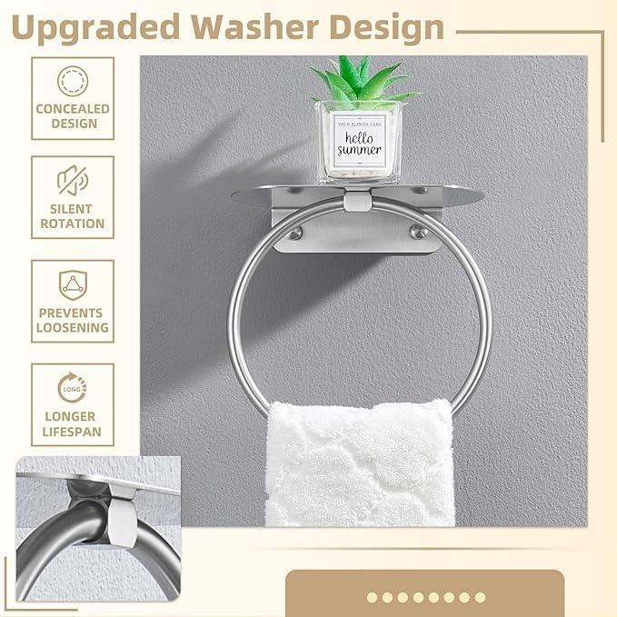 APLusee Towel Ring with Shelf Brushed Nickel, 304 Stainless Steel Rustproof Wall Mounted Holder, Space-Saving Storage for Hand Towels & Bathroom Essentials - ModernBath