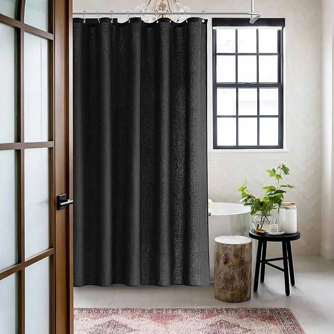 Jowels Black Linen Shower Curtain, Boho Farmhouse Shower Curtain Set for Bathroom, 200GSM Luxury Weighted Water Resistant Fabric Textured Shower Curtains with 12 Metal Hooks, 72Wx72H - ModernBath