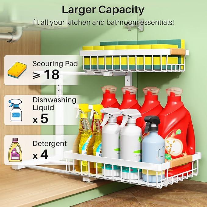Pull out Cabinet Organizer, 1 Pack Under Sink Organizer, Slide out Metal Kitchen Cabinet Organizers Drawer Shelf, Sliding Storage Shelves for Kitchen Bathroom Pantry Closet Organization Rack(White) - ModernBath