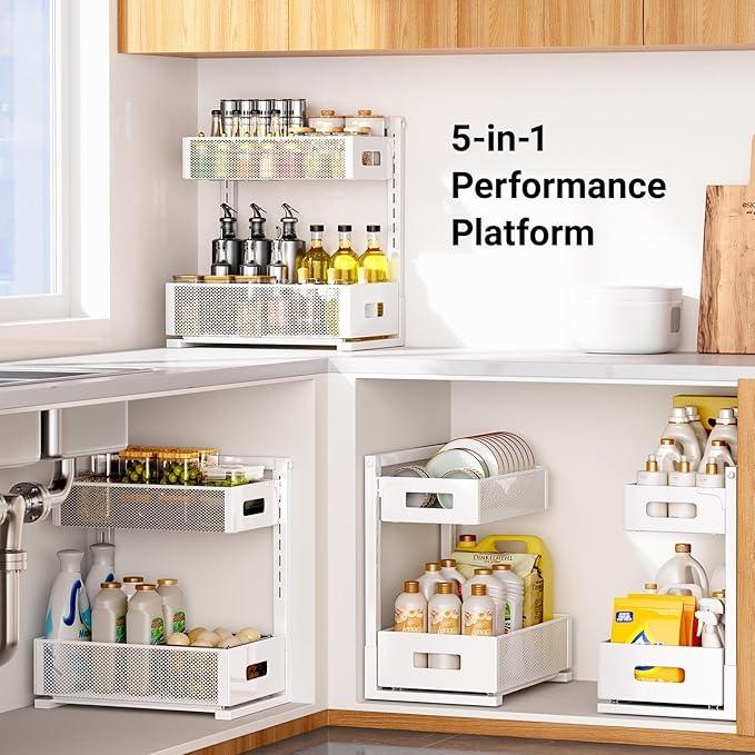 Pull-out Under Kitchen Sink Organizer, Metal Functional Under Sink Organizer, Height Adjustable Under Bathroom Sink Organizer, Under Sink Storage for Kitchen Bathroom Cabinet (White) - ModernBath