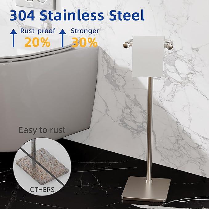 RUACQ Toilet Paper Holder Stand, Bathroom Toilet Paper Roll Holder Free Standing, Toilet Tissue Holder Stand with Post Pivoting Design, Stable Weighted Base, SUS304 Stainless Steel (Brushed Nickel) - ModernBath