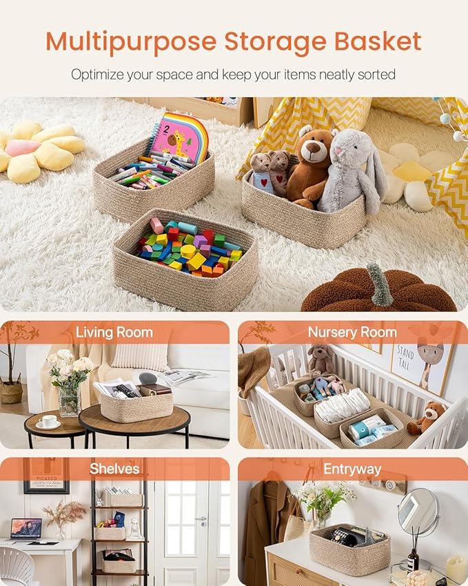 Small Woven Basket, 13.5 x 9.5 x 5 Inches, Storage Basket for Organizing, Cute Small Rope Shelf Closet Cube Storage Bins Baskets for Shelves, Dog Toy Gift Baskets Empty, 3 Packs, Mixed Brown - ModernBath