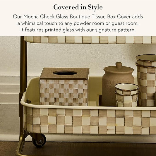 MACKENZIE-CHILDS Glass Tissue-Box Cover, Boutique Bathroom Decor, Brown-and-White Mocha Check
