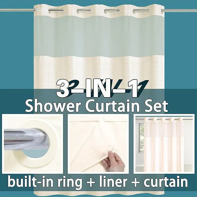 Conbo Mio Extra Long No Hook Shower Curtain with Snap in Liner Set, Hotel Luxury Beige Shower Curtains for Bathroom with See Through Top Window, Waterproof, Washable 71W x 84H - ModernBath