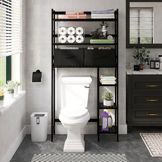 SMIBUY Over-The-Toilet Storage Rack, 6-Tier Bamboo Large Bathroom Organizer with Side Shelves and 2 Drawers, Stable Freestanding Space Saver for Bathroom, Laundry Room(Black) - ModernBath