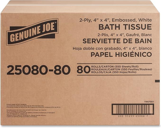 Genuine Joe Standard Bath Tissue, 4" x 4", 2-Ply, 550 Sheets/Roll, 80 Count - ModernBath