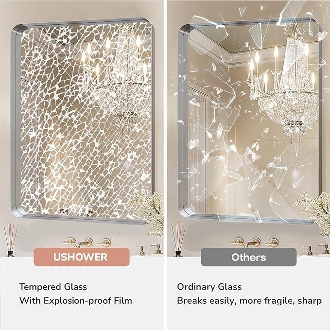USHOWER Brushed Nickel Bathroom Mirrors 24"x36" 2 Pack, Silver Rectangle Mirrors for Over Sink, Rounded Corner, Aluminum Frame, Anti-Rust, Tempered Glass, Horizontal or Vertical Mounted - ModernBath