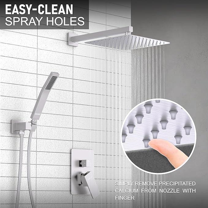 KOJOX Shower System with High Pressure 10 Inch Rainfall Shower Head, Handheld Shower head and Shower Faucet Trim valve, Bathroom Luxury Rain Mixer Shower Set Wall Mounted Brushed Nickel - ModernBath