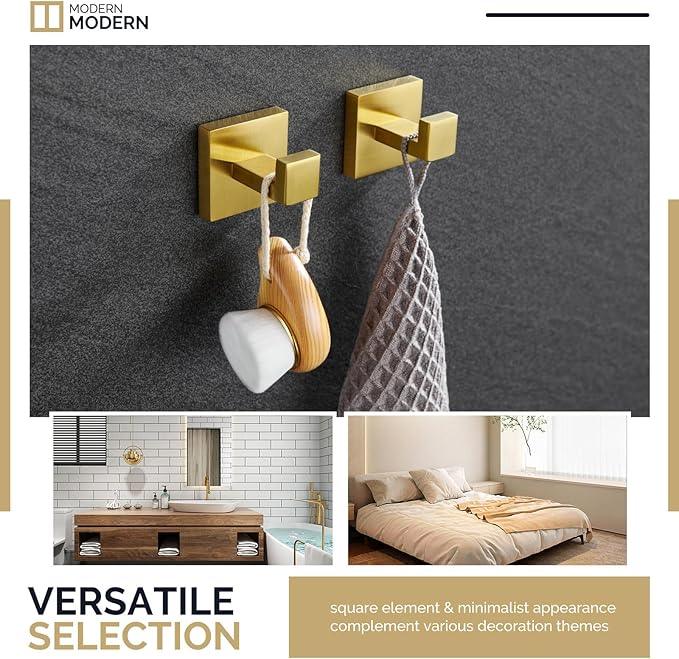 Angle Simple Towel Hook Brassy Gold 2 Pack, 304 Stainless Steel Square Robe Hook for Bathroom - ModernBath