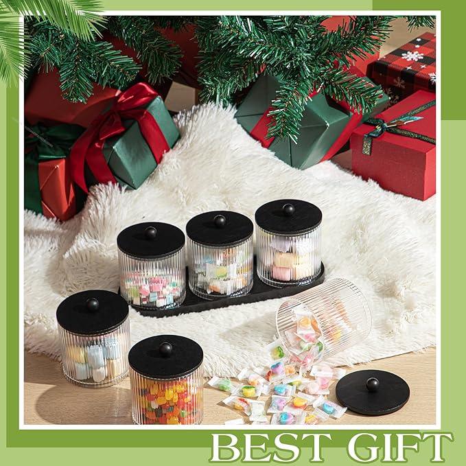 Vesici 6 Pack Bathroom Canisters Ribbed Apothecary Jars with Bamboo Lids 2 Bamboo Trays and 9 Label Stickers Cotton Swabs Holder Bathroom Organizer Storage Set Acrylic 18 oz Dispenser Container(Black) - ModernBath