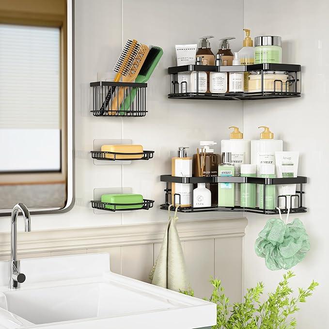 MAXIFFE 5 Pack X-Large Corner Shower Caddy, with Soap Holder and Toothbrush Holder, Large Capacity No Drilling Stainless Steel Hold 40 LB Shower Organizer Shelf Rack for Family Renter Bathroom, Black - ModernBath
