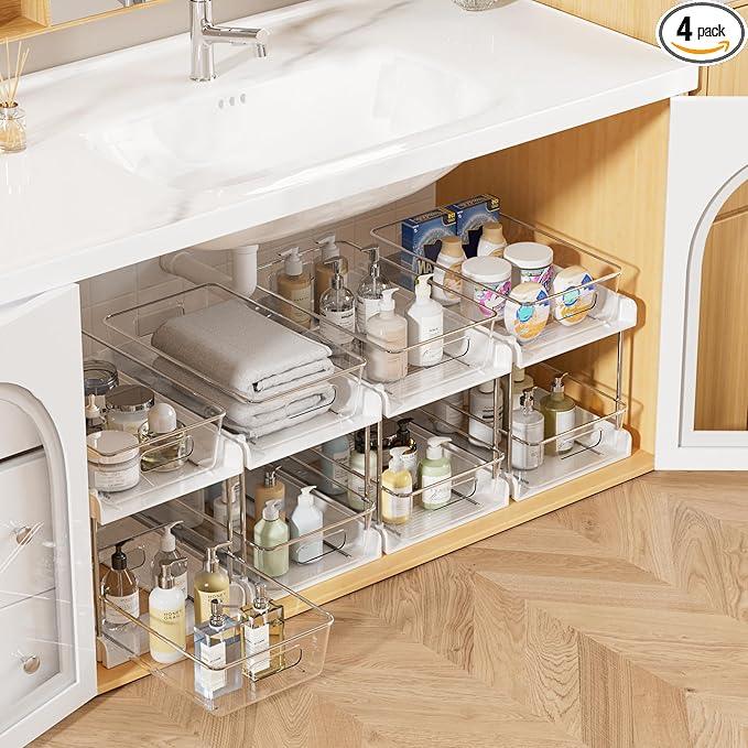 Vtopmart 4 Pack Bathroom Organizer, 2 Tier White Under Sink Organizers Vanity Countertop Storage Container,Cabinet Drawers Bins, Pull-Out Organization with Track for Pantry, Kitchen - ModernBath