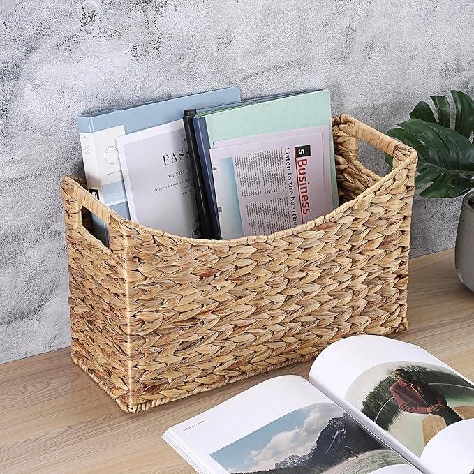 BTSKY Woven Magazine Holder, Water Hyacinth Magazine Basket, Natural Storage Basket Bin for Books & Files, Bathroom Magazine Rack with Built-in-Handle for Home, Office & Desk - 17x6.5x9.8 Inch - ModernBath
