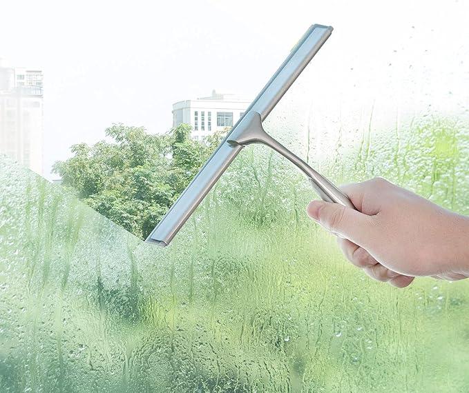 Shower Squeegee for Shower Doors 10 Inch Bathroom Squeegee for Windows,Kitchen,Mirror and Car Glass, Stainless Steel with Adhesive Hook - ModernBath