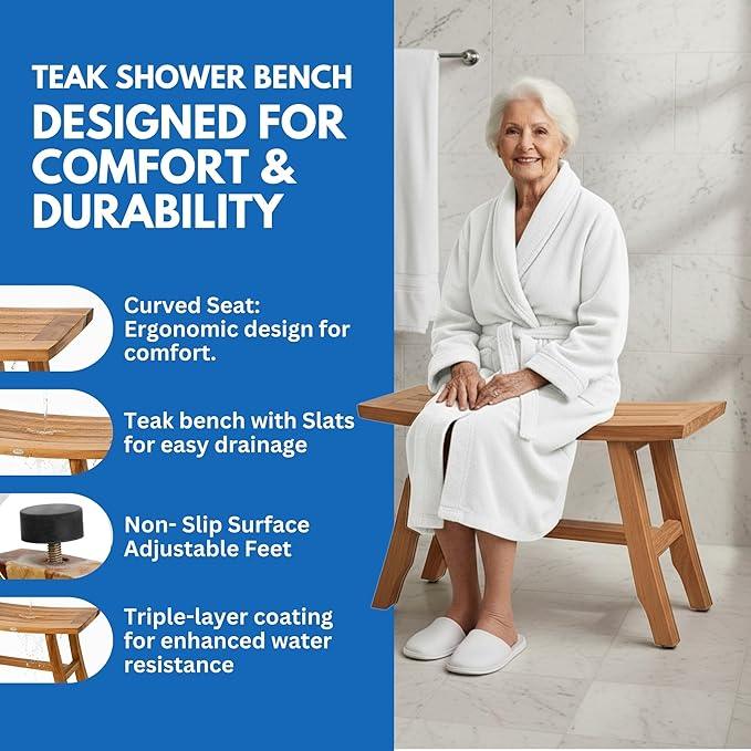 EcoDecors Satori Teak Wood Shower Bench, 28 Inch, EarthyTeak Finish - ModernBath