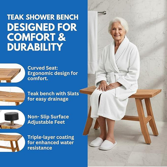 EcoDecors Satori Teak Wood Shower Bench, 28 Inch, EarthyTeak Finish - ModernBath