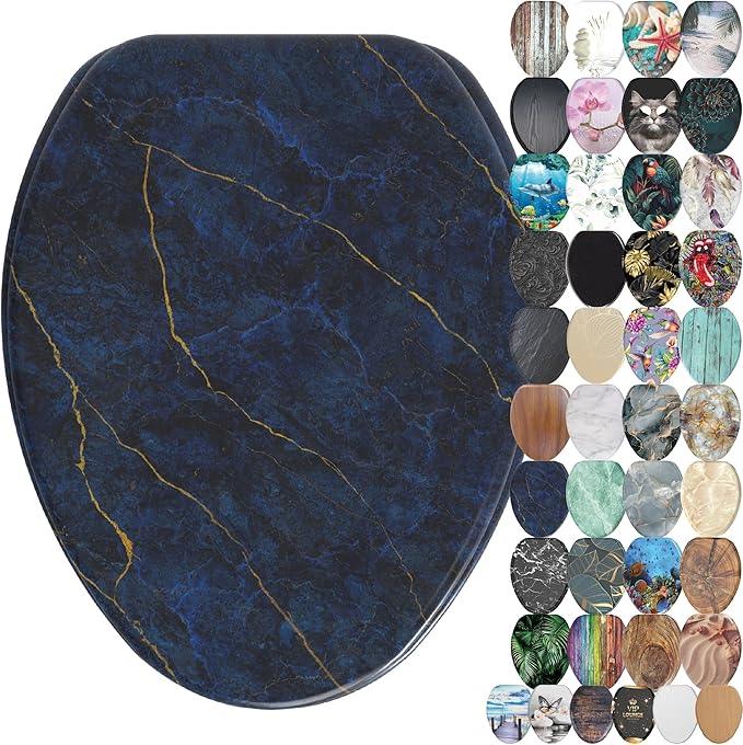SANILO Wooden Toilet Seat with Soft Close [ELONGATED] - Decorative, Quiet & Slow Close Molded Wood Seat - With Strong Bumpers & Hinges - Adjustable Fit - Marble Dark Blue - ModernBath