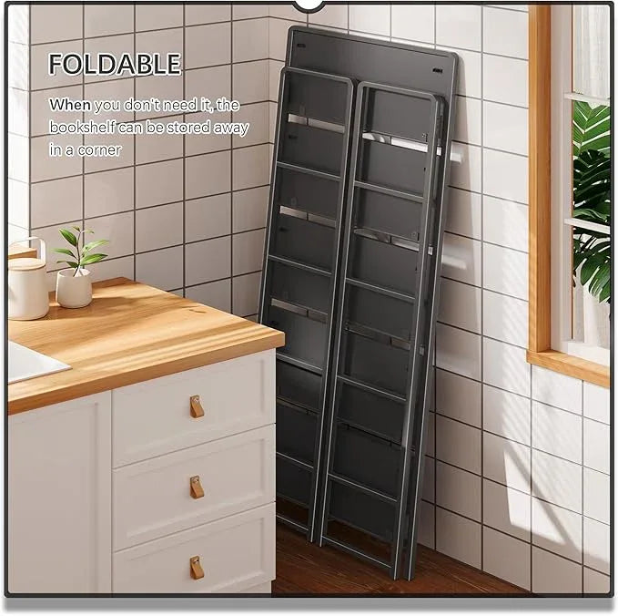4NM No Assembly 5 Tiers Folding Bookshelf Storage Shelves Vintage Bookcase Standing Racks Study Organizer Home Office (All Black) - ModernBath