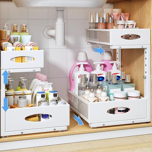 Under Sink Organizer, 2 Tier Pull Out Under Cabinet Organizer Shelf with Pad for Framed Cabinets, Metal Slide Out Under Sink Storage, Mesh Sliding Drawers for Kitchen Bathroom Laundry(White, 1 Pack) - ModernBath
