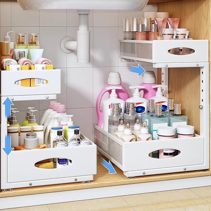 Under Sink Organizer, 2 Pack 2 Tier Pull Out Under Cabinet Organizer Shelf with Pad for Framed Cabinets, Metal Slide Out Under Sink Storage, Mesh Sliding Drawers for Kitchen Bathroom Laundry, White - ModernBath