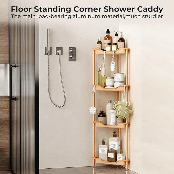 Orimade Rustproof 4 Tier Floor Standing Corner Shower Caddy Organizer, Plastic Aluminum Splicing Floor Corner Shelf Rack Storage Stands for Bathroom, Wood Grain Surface - ModernBath