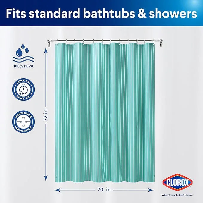 CLOROX Shower Curtain Liner, Premium Striped Medium-Weight Durable Waterproof 6g PEVA for Bathroom with Weighted Magnets, Printed Standard Size 72" x 72", Aqua - ModernBath