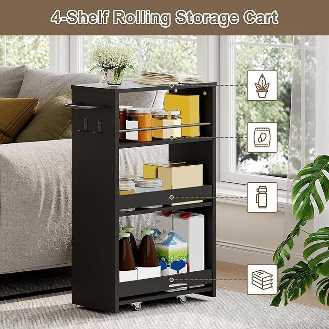 ChooChoo 4-Tier Slim Storage Cart with Handle, 7.87" W Rolling Utility Cart on Universal Wheels, Kitchen Cart Mobile Shelving Organization for Laundry Room, Bathroom & Narrow Places, Black - ModernBath