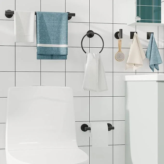 6 PCS Bathroom Hardware Set, Including 16" Hand Towel Bar, Toilet Paper Holder, Towel Ring, Robe Towel Hooks, Bathroom Accessories Kit(Matte Black) - ModernBath