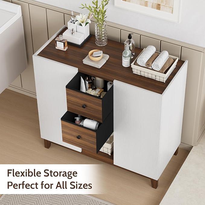 Bathroom Storage Cabinets with Drawers and Doors, Kitchen Storage Cabinet with Adjustable Shelf, Floor Sideboard Buffet Cabinet for Living Room, Kitchen, Hallway, Dining Room, White Walnut - ModernBath