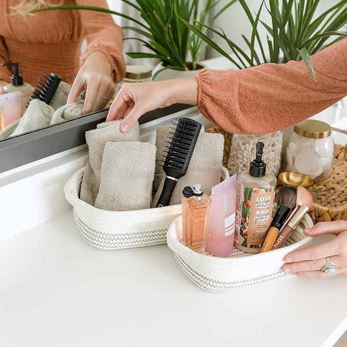 NaturalCozy 5-Piece Rectangle Storage Basket Set- Natural Cotton Rope Woven Baskets for Organizing! Small Basket for Montessori, Baby Nursery, Dog Toy Baskets, Cat Toy Box, Bathroom Organization Bin - ModernBath