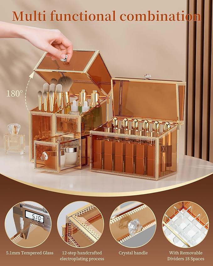 CoralHouse Makeup Organizer Countertop Set – Vanity Holder with 18-Slot Lipstick Organizer & Covered Makeup Brush Holder – Skincare, Perfume & Cosmetic Display for Bathroom or Dresser - ModernBath