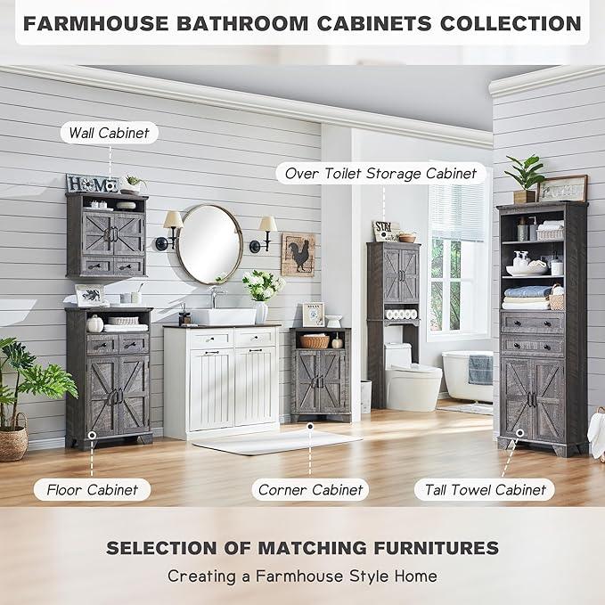 ACCOHOHO Bathroom Wall Cabinet, Farmhouse Medicine Cabinet, 24" Wide Cabinet with Drawer, Adjustable Shelf, Double Barn Doors, Storage Cabinet for Bathroom, Kitchen, Living Room, Grey Wash - ModernBath