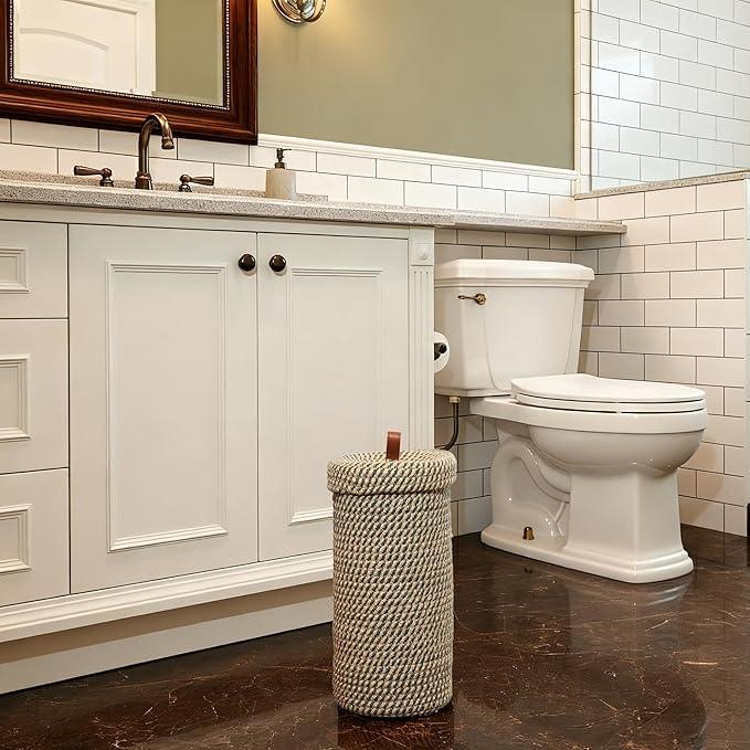 Handmade Cotton & Jute Toilet Paper Holder – Woven Toilet Paper Stand & Storage Basket with Lid, Freestanding Organizer for Bathroom, Fits 3 Rolls Green - ModernBath