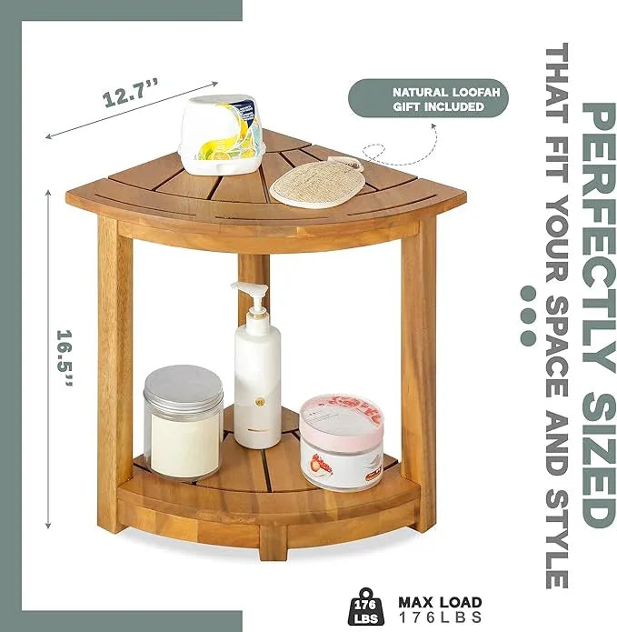 VICTORY RELAX Acacia Wood Corner Shower Stool - Waterproof Triangular Bathroom Bench with Storage Shelf & Soap Dish for Shaving, Natural Wood (17.9x12.7x16.5) - ModernBath