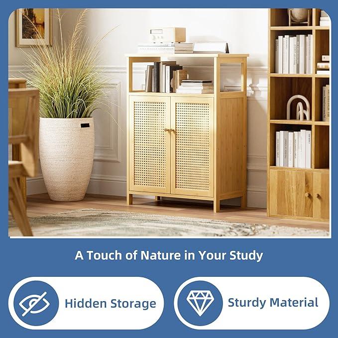 HITNET Rattan Bathroom Storage Cabinet, Bamboo Floor Cupboard with 2 Doors, Freestanding Side Organizer for Living Room, Kitchen, Entryway, Natural - ModernBath