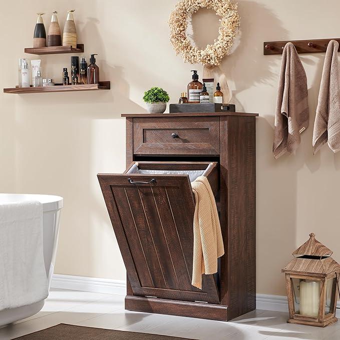 Tilt Out Laundry Hamper Cabinet, 10 Gallon Farmhouse Trash Can Cabinet with Drawer, Hidden Wood Garbage Can Bin Cabinet with Laundry Storage Basket for Bathroom, Kitchen, Brown - ModernBath