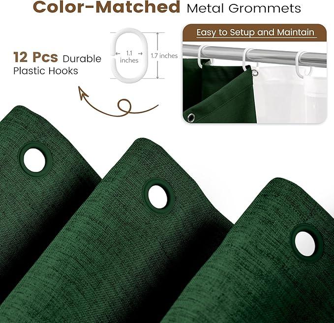 BTTN 3 in 1 Shower Curtain Set, Emerald Green Linen Textured Fabric Shower Curtain and Clear Liner Set with Plastic Hook, Modern Hotel Luxury Weighted Waterproof Shower Curtain for Bathroom, 72x72 - ModernBath