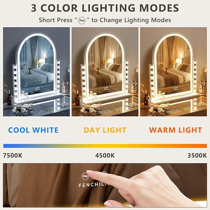 FENCHILIN Arched Vanity Mirror with Lights, 32“ x 26" LED Makeup Hollywood Vanity Mirror with 14 Dimmable Bulbs& LED Strip Smart Touch Control Detachable 10X Magnification White - ModernBath