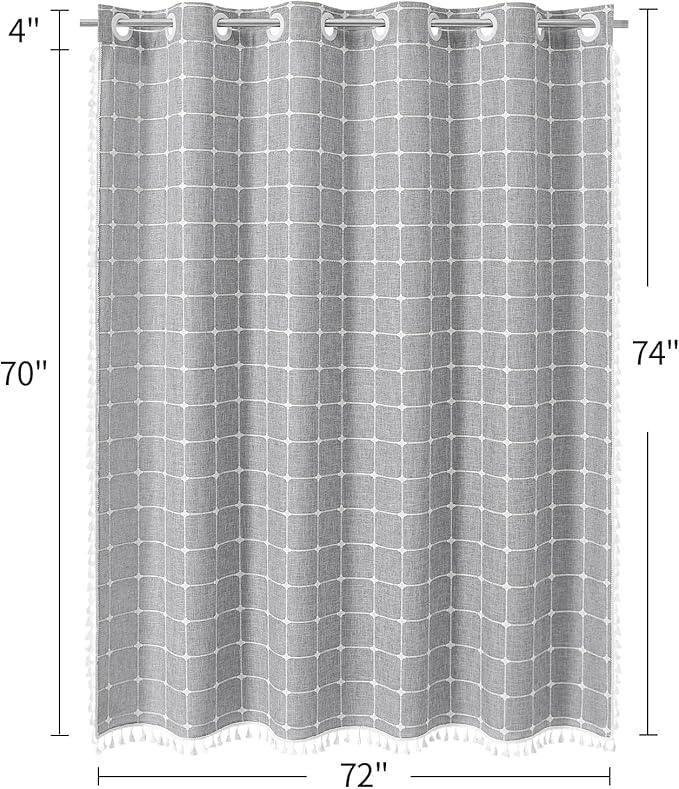 MitoVilla No Hooks Needed Boho Farmhouse Shower Curtain with Snap-in Liner, Cotton Linen Fabric Shower Curtains with Tassels for Rustic Neutral Bathroom Decor, Grey, 72 x 74 - ModernBath
