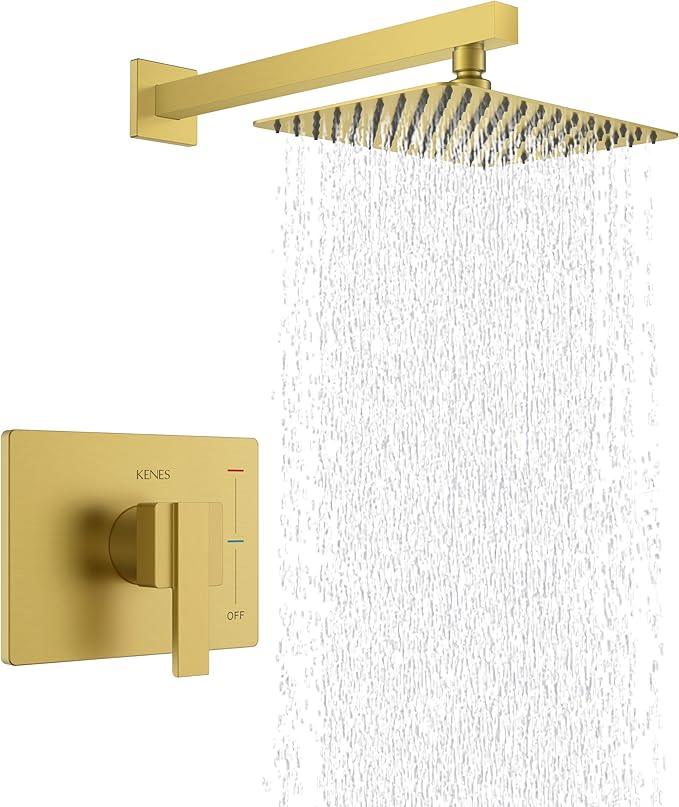 KENES Brushed Gold Shower Faucet, Modern Square 10-Inch Shower Head and Handle Set, Bathroom Rainfall Shower System Wall Mount, KE-6024B-4 (Including Shower Valve) - ModernBath