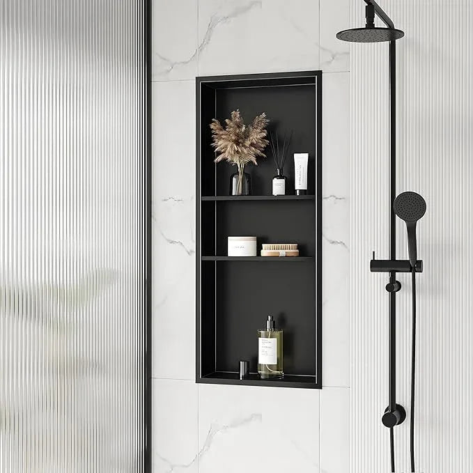 Qeke Stainless Steel Shower Niche 12" X 30", No Tile Needed Wall Niche Three-Tiers, Recessed Shower Shelf for Bathroom Storage, Matte Black - ModernBath
