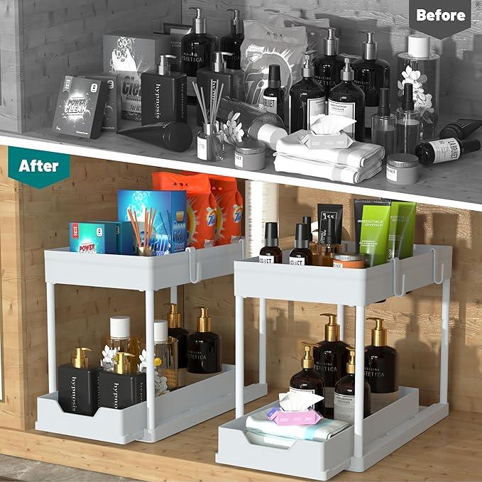 DEKAVA Cabinet, 2 Pack Under Sink Organizer, 2 Tier Sliding Bathroom Kitchen Organizer, Large White ABS Baskets, Easy Install & Clean - ModernBath