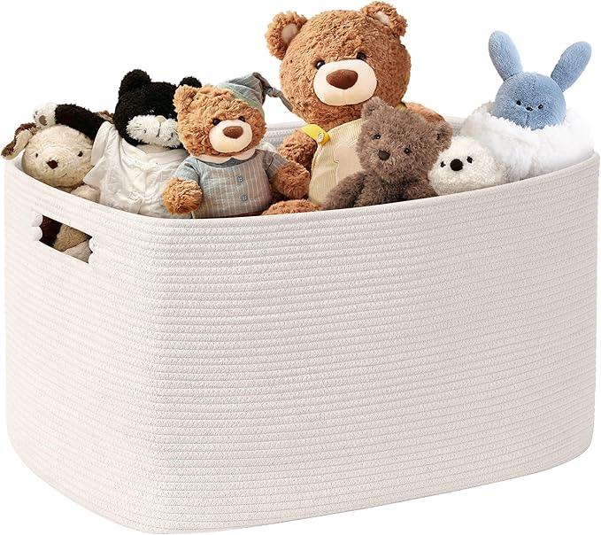 86L Large Baby Girls Laundry Basket for Nursery Storage,Cute Woven cotton Rope Baskets for Kids Toy，Gifts, Boho Square Wicker Blanket hamper for Living Room,Bedroom Dirty Clothes, White - ModernBath