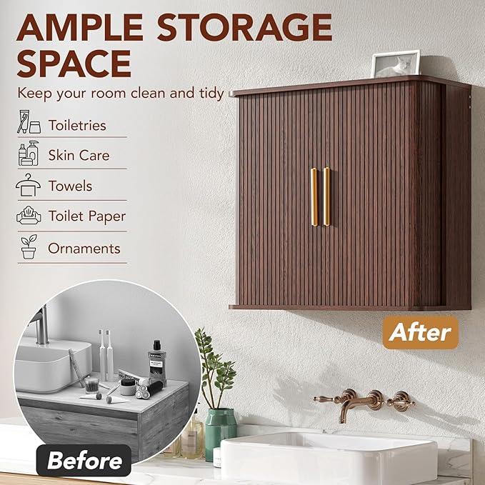 Laundry Wall Cabinet with Fluted Sliding Door, 29.5" W Bathroom Medicine Cabinet with Adjustable Shelf, Wall Mounted Storage Cabinet for Living Room Kitchen, 11.7" D x 29.5" W x 27.68" H - ModernBath