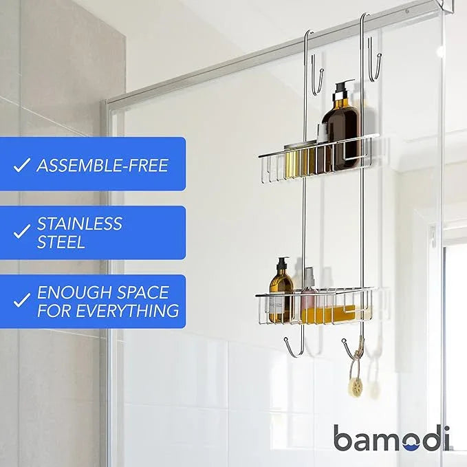 Bamodi |2-Tier Stainless Steel Shower Caddy-Hanging Shower Rack-Bathroom Organizer for Accessories-Rustproof Stainless Steel-2 Towel Hooks-27.56" DX8.27 WX7.28 H(Chrome) - ModernBath