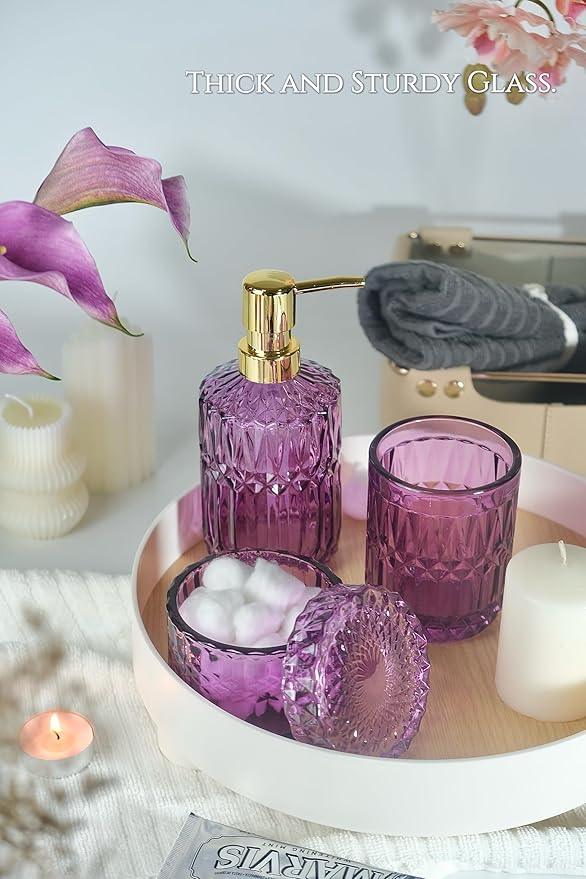 LaMarriti Purple Bathroom Accessories Set, 5Pcs Clear Glass Bathroom Set, Soap Dispenser, Toothbrush Holder Set, Soap Dish, Qtip Holder, Tumbler for Vintage Crystal Bathroom Decor, Gift Set (Violet) - ModernBath