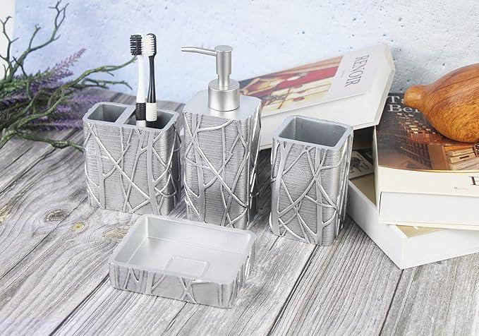 Hymmah Silver Bathroom Accessories Set,Toothbrush Holder,Farmhouse Bathroom Decor,4 Pcs Resin Gift Set Apartment Necessities, Contain Toothbrush Cup,Soap Dispenser,Soap Dish,Tumbler - ModernBath